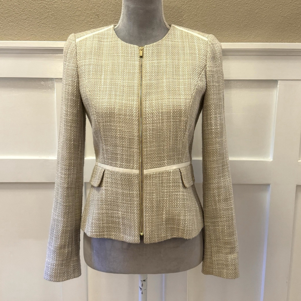 Calvin Klein Cotton Blend Tweed Blazer Jacket Size:4P Ivory Zip up Lined Pockets - Picture 2 of 14